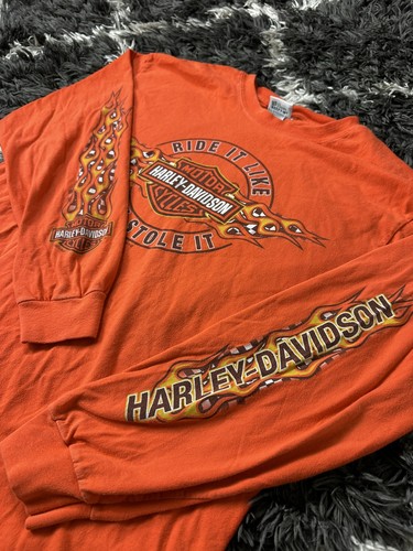 VTG Harley Davidson Flame Shirt L Orange Ride Like You Stole It RK Stratman