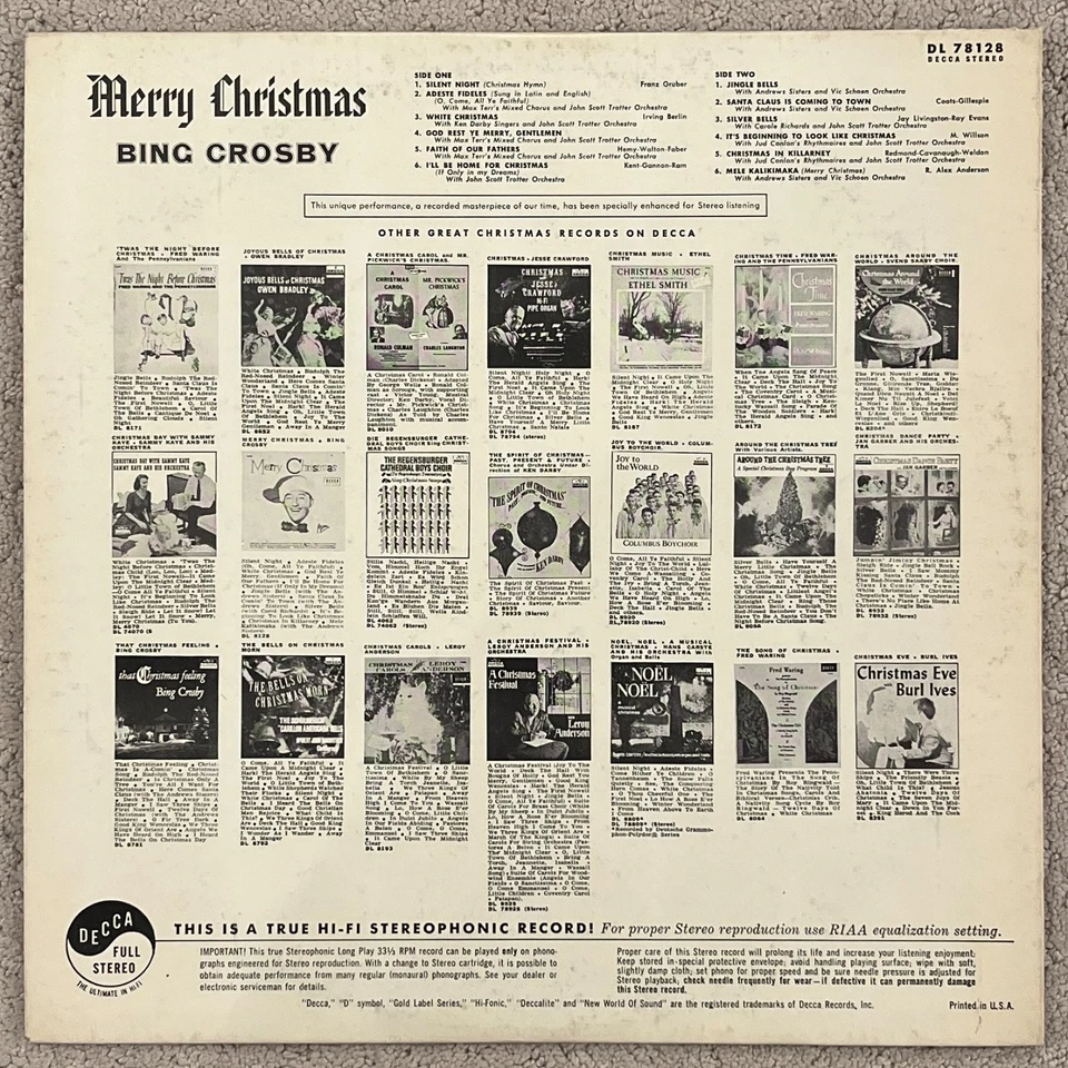 Bing Crosby – Merry Christmas - MID 60's Reissue STEREO - Decca DL 78128  VG/VG+ - Image 2 of 4