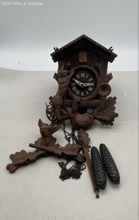 Vintage Hand Carved Wood Cuckoo Clock Walnut Finish With Weights