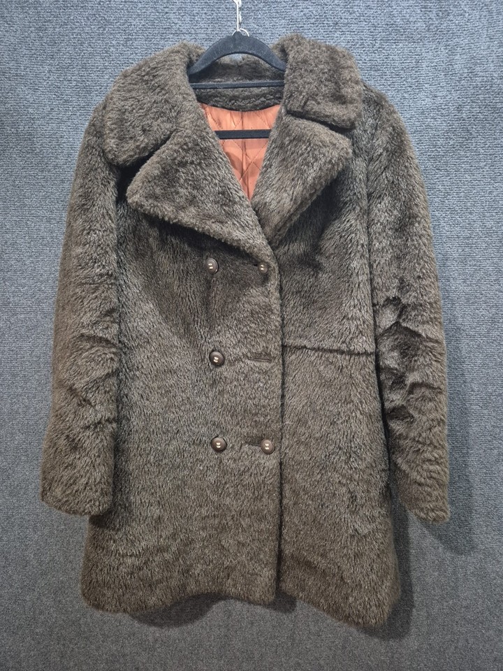 Vintage Brown Faux Fur Coat Lined Double Breasted Size 10/12