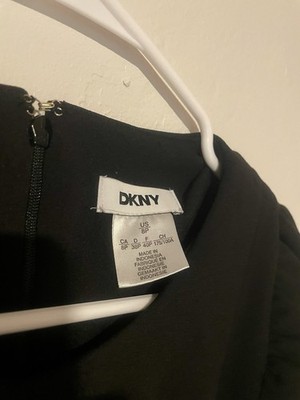 DKNY Black Petite 8P Long A-Line Puff Sleeve Crew Neck Belted Zip Dress