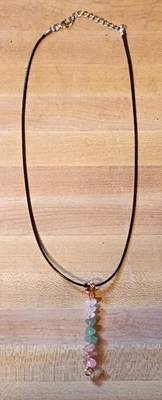 Handcrafted Gemstone Chip Pendant Necklace Pink Green Copper Wire on Black Cord