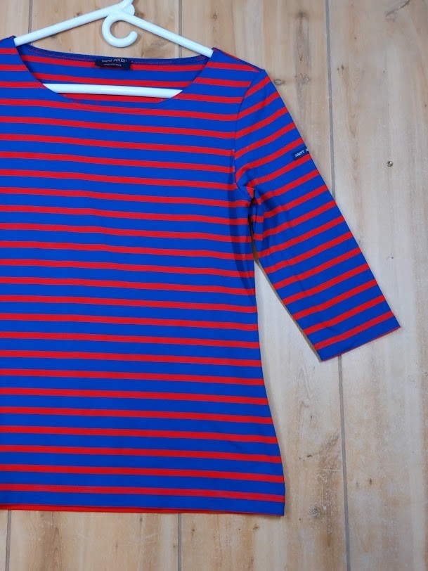 SAINT JAMES Women's Blue Red Striped Quarter Sleeve T-Shirt Med