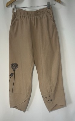 Women's Pants Size Medium Barrel Relaxed Fit Elastic Waist Pockets Tan