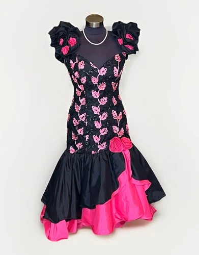 Vintage 80s Prom Party Dress Alyce Designs Black Pink Lace Sequins Gown