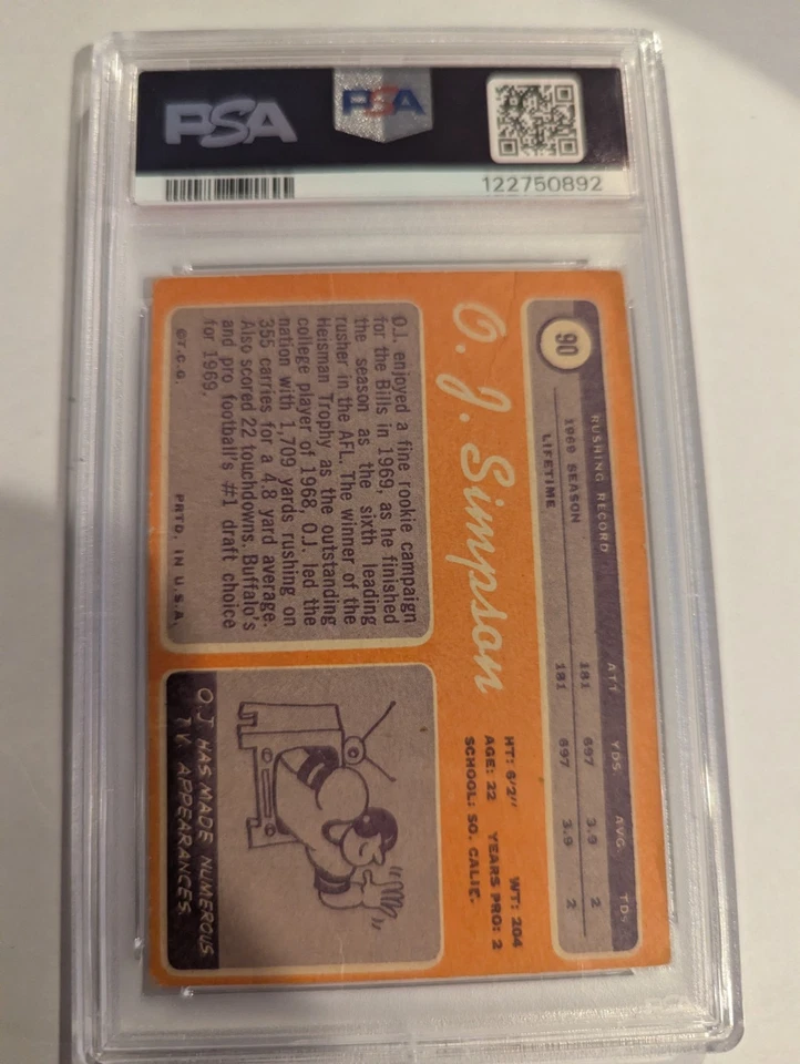 1970 TOPPS #90 O.J. SIMPSON ROOKIE RC PSA 1 🔥 Freshly Graded Fire 🔥 - Image 2 of 2