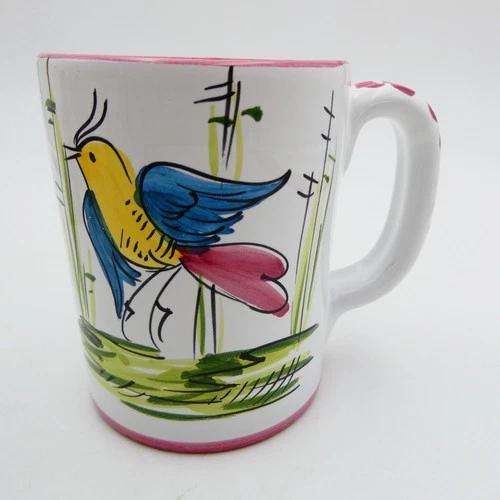Italian Pottery Hand Painted Bird Mug Espresso Cup Italy Folk Art Pottery VTG