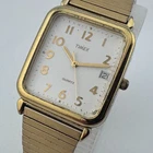 VTG Timex Quartz Watch Men Gold Tone Rectangle Date Stretch Analog New Battery