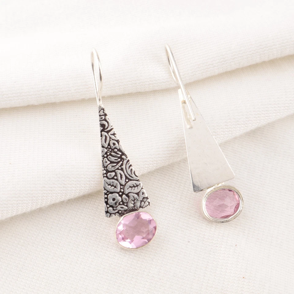 Ювелирные серьги ручной работы из стерлингового серебра 925 пробы с розовым кунцитом 1,90 дюйма - Изображение 4 из 4