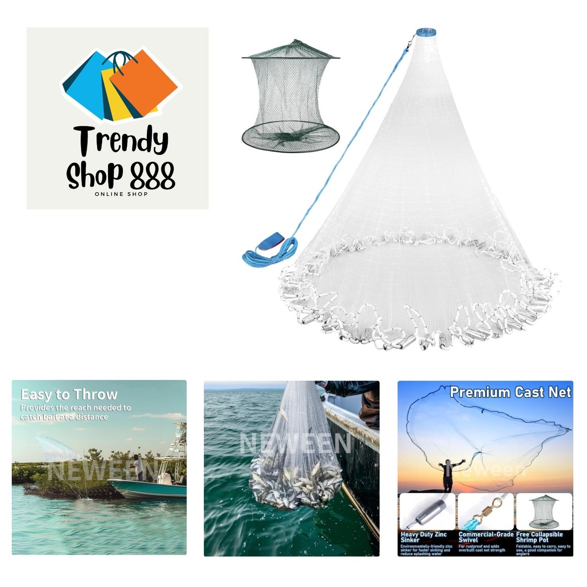 9ft Durable Nylon Cast Net for Bait Fishing Includes Shrimp Cage