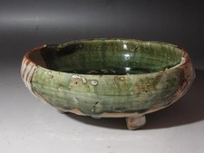 Japanese Edo Period Oribe Style Ceramic Bowl Appraised Craft Art green