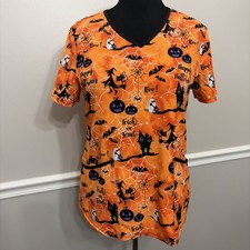 Scrubstar Halloween Print Scrub Top Womens M Orange Short Sleeve Pockets V-Neck