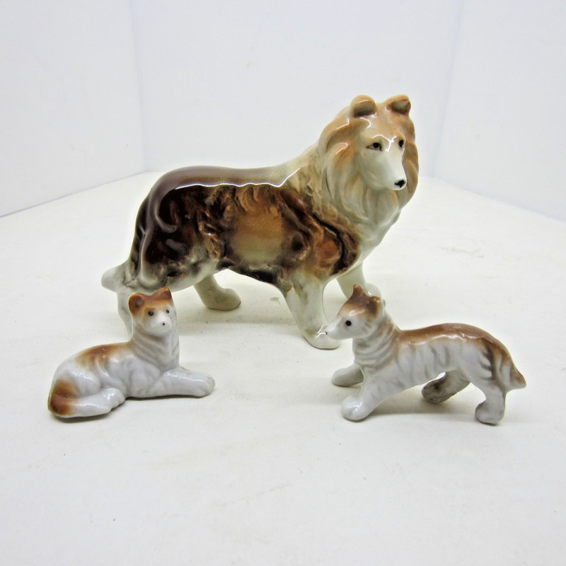 3 Cute Vintage Porcelain Collies Dogs Miniatures Pets Ceramic Collectible