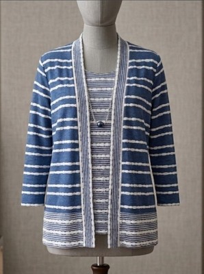 Alfred Dunner Women s Blue White Striped 2-Piece Cardigan Shell Set Size Small