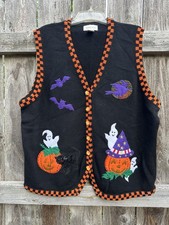 Woman’s 2XL Lemon Grass Halloween Vest Beaded Witch Bats Pumpkin&Cats