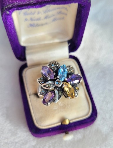 Vintage Amethyst Citrine Topaz Sterling Silver Marcasite Floral Ring Size 6 - 9g