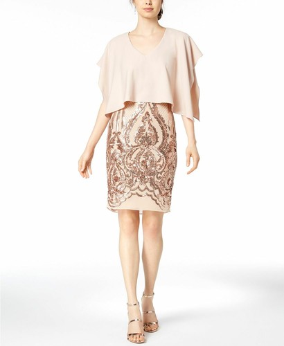 New $449 Betsy & Adam Petite Women'S Beige Gold Sequined Caped Sheath Dress 4p - 第 1/2 張圖片