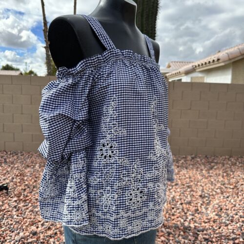Blusa Joa Azul Bordada Guinga Cuadros Hombro Frío Talla XS Nueva con Etiquetas - Imagen 4 de 8