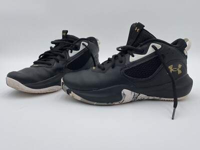 Under Armour Youth Size 6Y Lockdown Basketball Shoes Black Metallic Gold  White