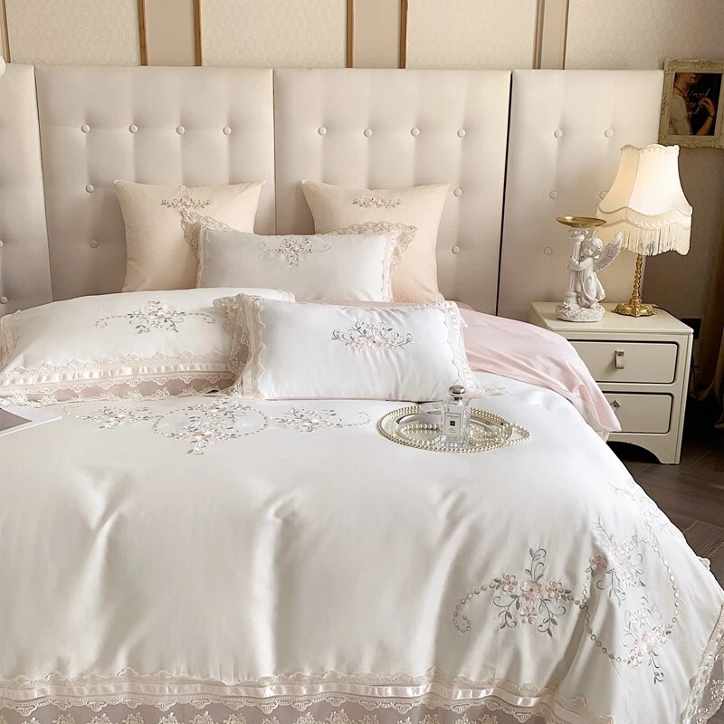 Bedding Set 4pcs 100s Cotton Embroidery Lace Flowers Duvet Cover Flat Sheet Set - Image 4 of 4