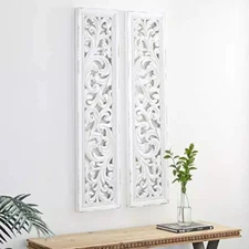 Litton Lane White Wooden Distressed Floral Home Wall Decor Pair 12" x 49.5" ~ S2