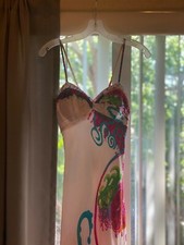 David's Bridal - Spaghetti Strap Formal Dress - White  Multi-Colored Designs