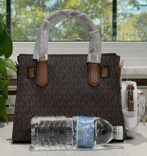 MICHAEL KORS HAMILTON SMALL SATCHEL KEY LOCK SHOULDER BAG MK BROWN LOGO GOLD - Picture 8 of 11