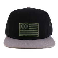 Olive USA Flag Patch Flatbill Mesh Snapback Cap - FREESHIP