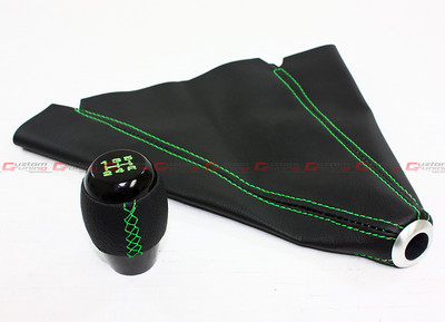 M10 X 1.25 BLK LEATHER MANUAL SHIFT KNOB + BOOT W/ GREEN STITCH