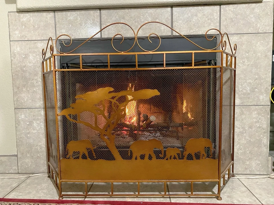 Painel dobrável FireSpark Guard tela grande cor cobre metal com árvore elefante - Imagem 3 de 4