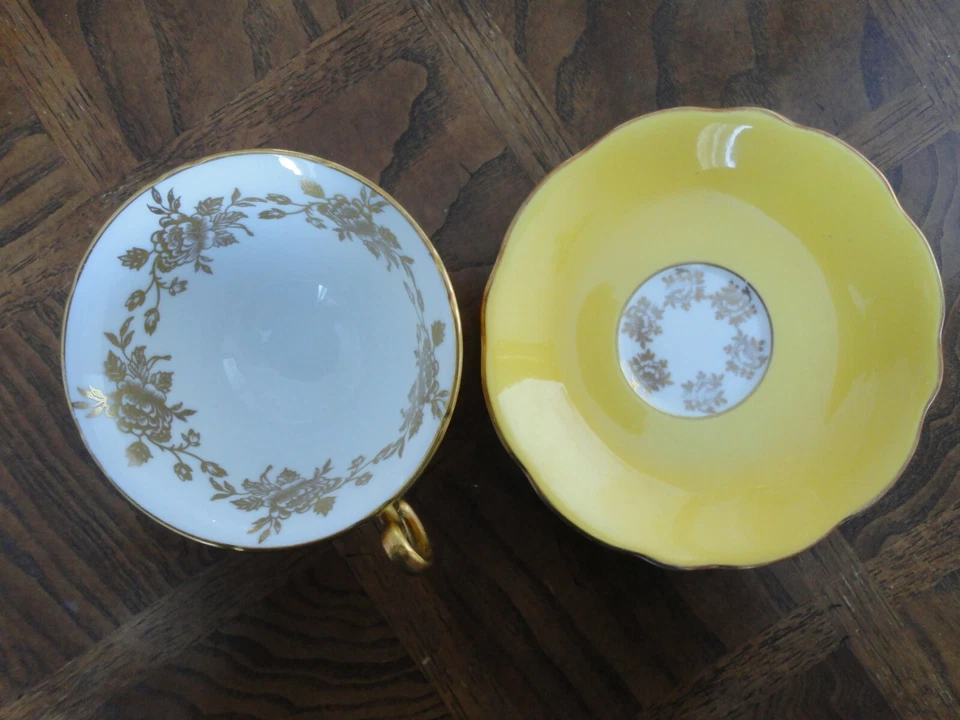 Англия кости фарфора чайная чашка и блюдце комплект Foley 3289, желтый с золотой цветок и позолота - Изображение 2 из 4