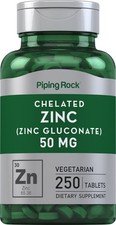 Chelated Zinc 50mg  250 Tablets  Vegetarian, Non-GMO  by Piping Rock
