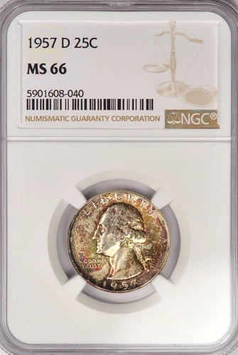 1957 D Toned Washington Quarter NGC MS 66 See Video Toning Silver Coin 25C