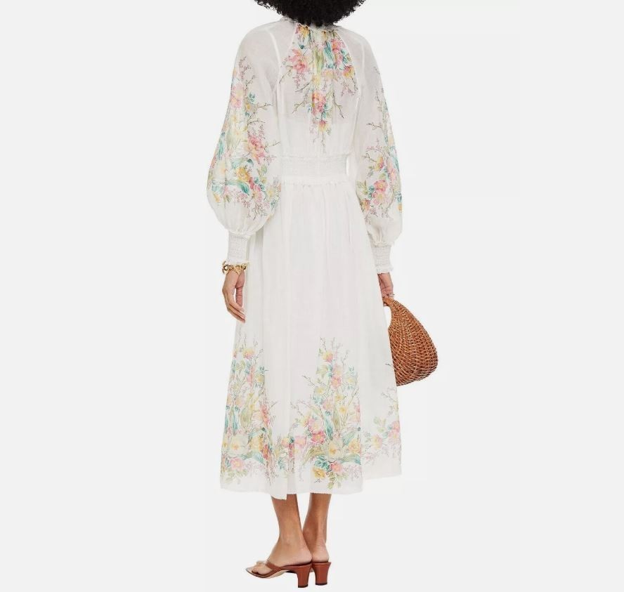 Zimmermann Zinnia Shirred Floral Dress Size 1  AU 10 US 6 - White Ramie Midi