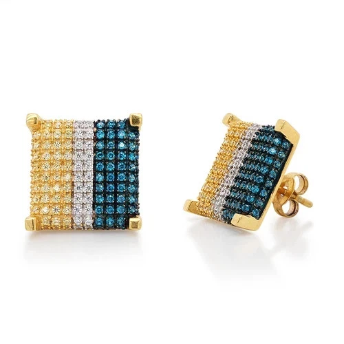 Unisex Square Earring Stud 14K Yellow Gold Finish Simulated Round Cut Blue Topaz - Image 2 of 4