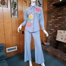 Vtg 60s 70s Hippie Commune 3-D Patchwork Daisy Denim Suit Bell Bottom Jeans XS/S
