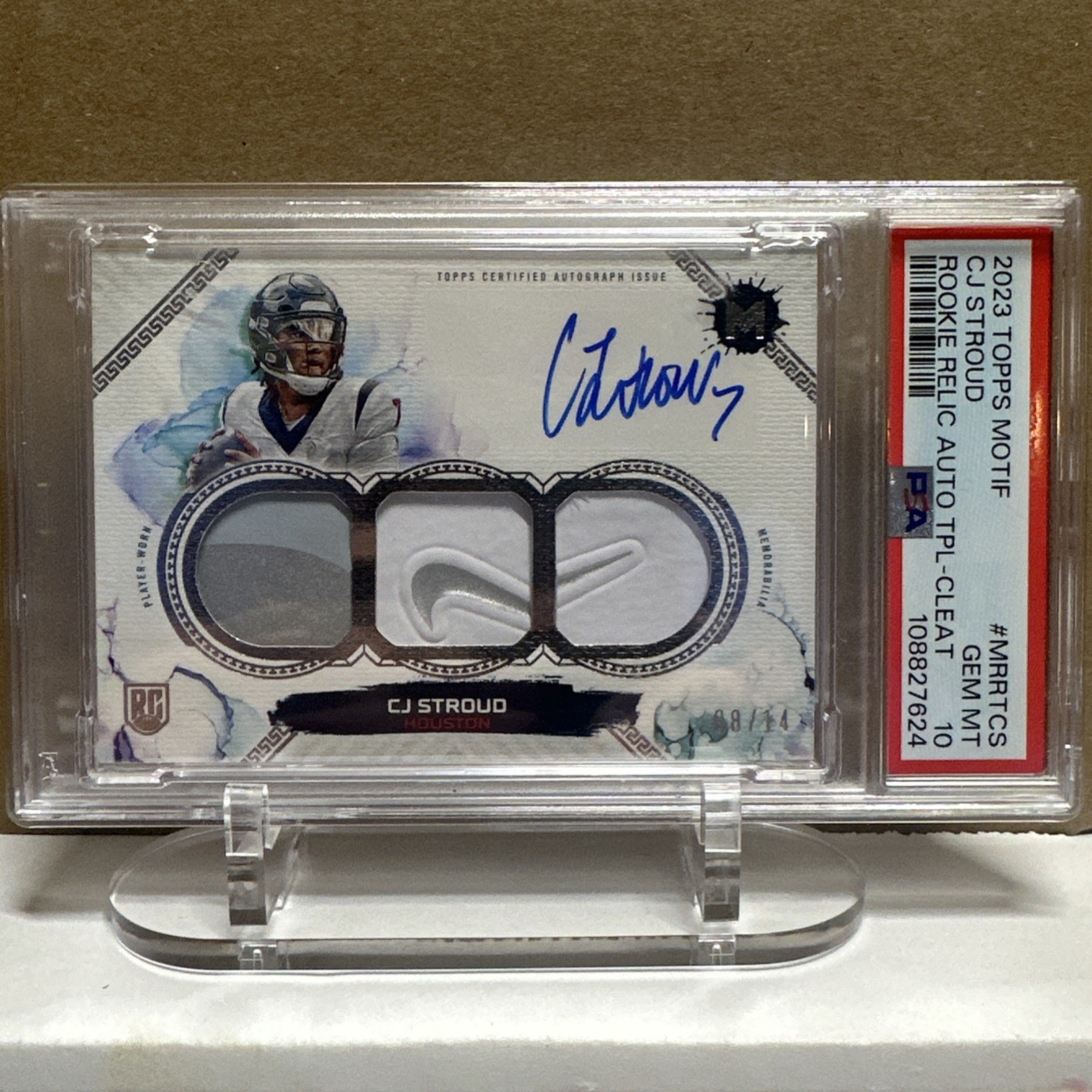 PSA-10 CJ Stroud - 2023 Topps Motif Rookie Relic Auto Triple Cleat /14 - POP 1