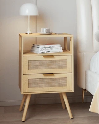 Joonee Rattan Nachttisch Bauernhaus Nachttisch 2 Schubladen und offenes Holz - Bild 1 von 4