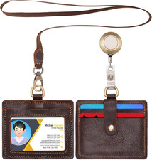 Wonderpool Leather Horizontal Badge Holder with Detachable Neck Lanyard and Retr