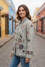 VINTAGE CHICO'S Womens Size 1 Bohemian Embroidery Beaded Short Green Silk Jacket