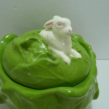 Vtg 1960s Ceramic Holland Mold Easter Lettuce Cabbage 1-Bunny candy Bowl w/Lid