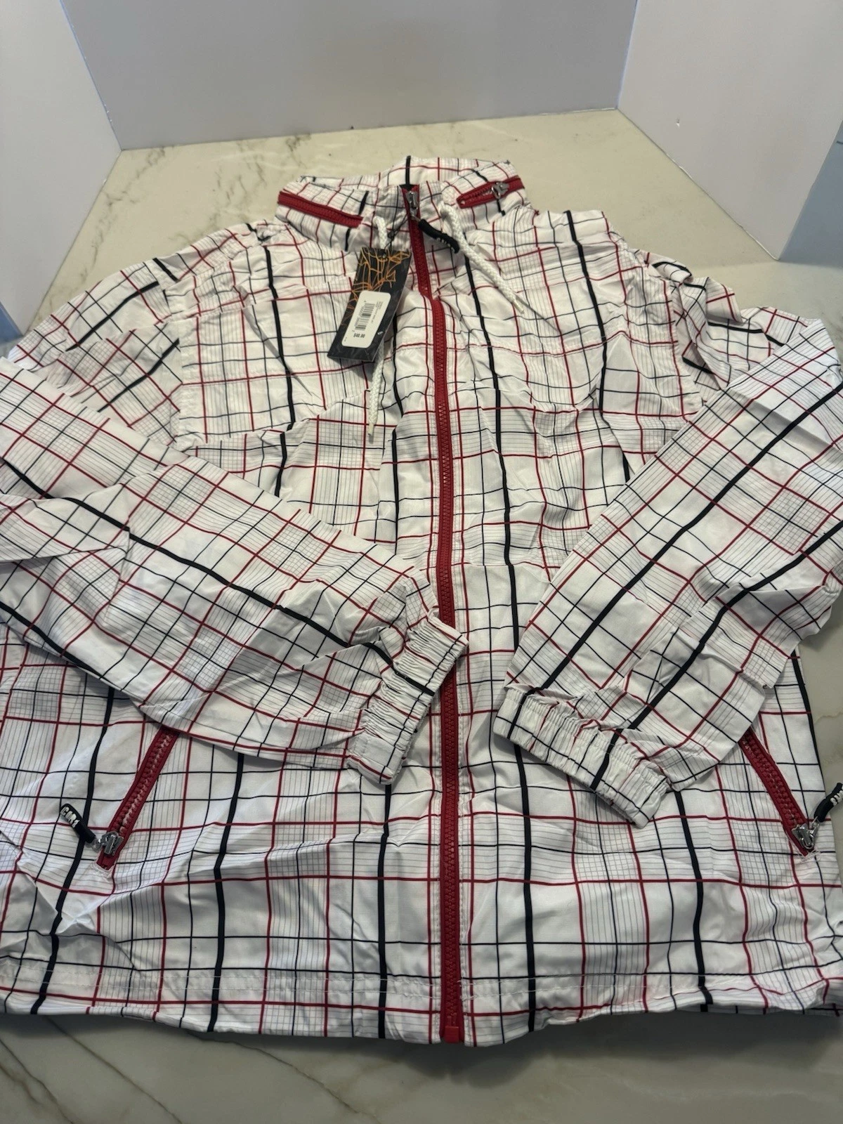 COR3 Jacket Mens L & XL White Plaid Windbreaker Full Zip Lightweight Retro Y2K