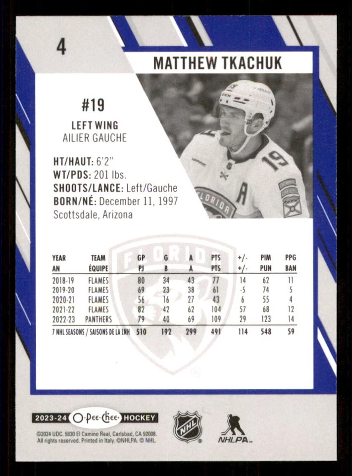 2023-24 O-Pee-Chee Blue #4 Matthew Tkachuk - Image 2 of 2