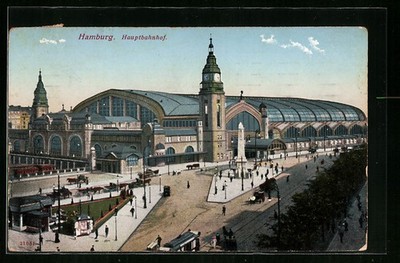 Ansichtskarte Hamburg-St.Georg, Hauptbahnhof mit Denkmal und Strassenbahn 1912 
