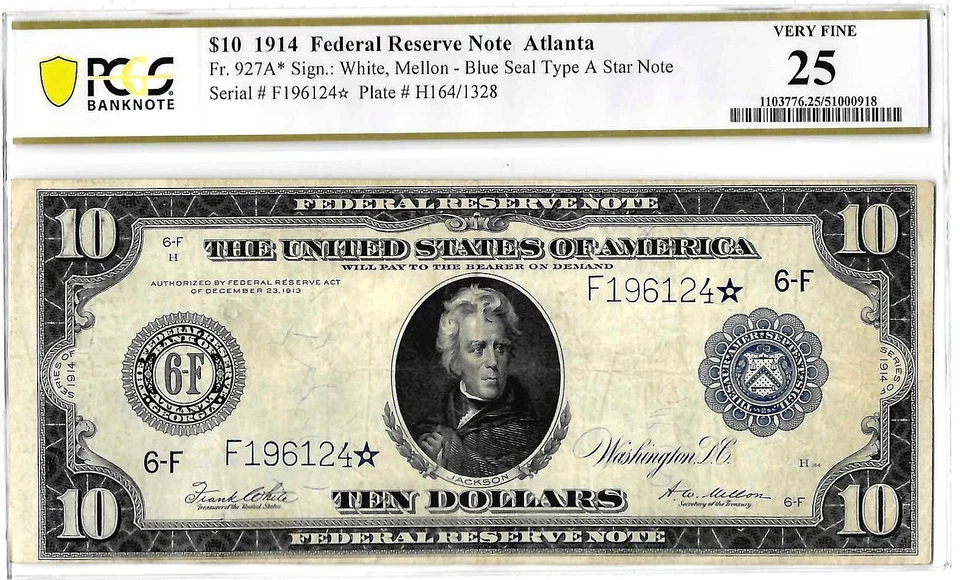 1914 $10 Federal Reserve Note Star Note Fr-927a* PCGS VF-25 - Image 2 of 3