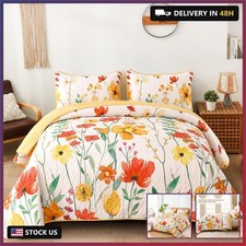 Quilt Set Queen Size, Yellow Floral Reversible Bedspread Soft Microfiber Lightwe