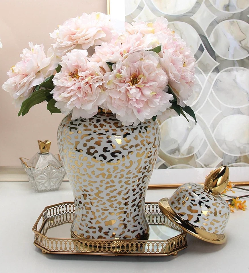 GODINGER PORCELANA JARRÓN GRANDE TARRO CENTRO DE MESA DORADO ESTAMPADO LEOPARDO CON TAPA 18" NUEVO Foto 3 de 4