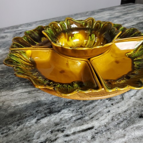 California Pottery MCM Drip Glaze Earth Tone 6-Pc Lazy Susan Serving Platter - Picture 12 of 15