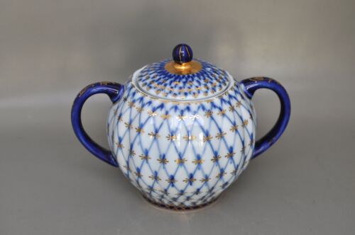 Lomonosov sugar can with cobalt grid and partial gold decor - Picture 1 of 3