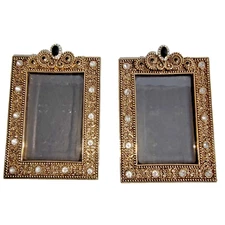 Mini Jeweled Picture Frames – Gold Ornate Metal w/ Rhinestones Set of 2 HEAVY